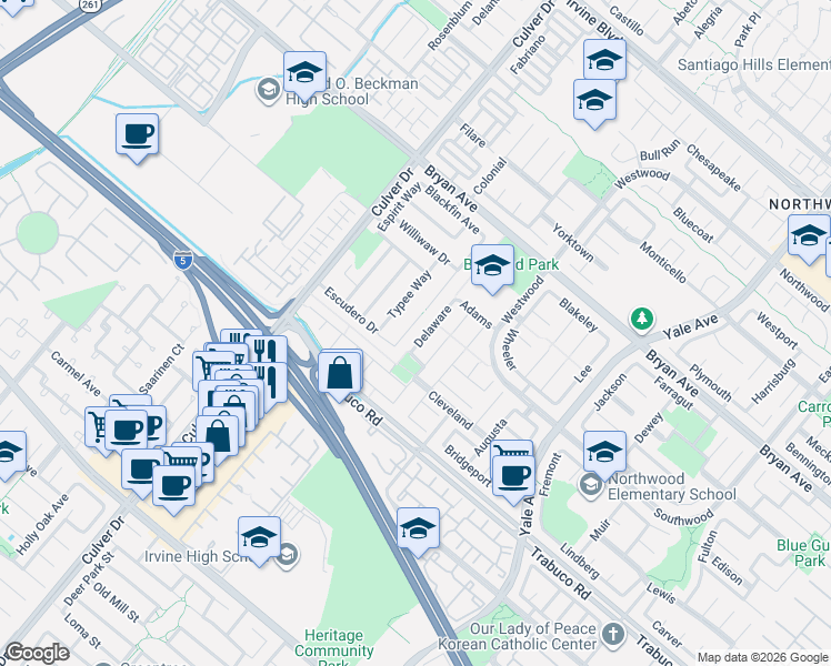 map of restaurants, bars, coffee shops, grocery stores, and more near 13802 Margene Circle in Irvine