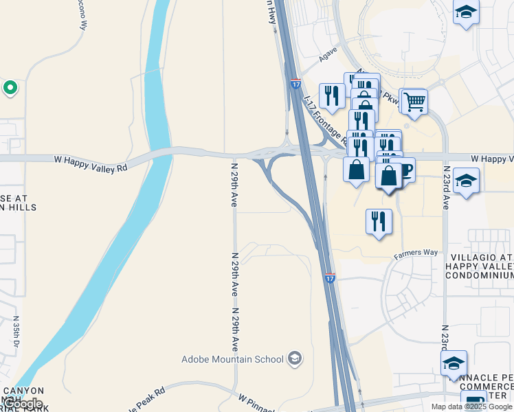 map of restaurants, bars, coffee shops, grocery stores, and more near 24725 North 29th Avenue in Phoenix
