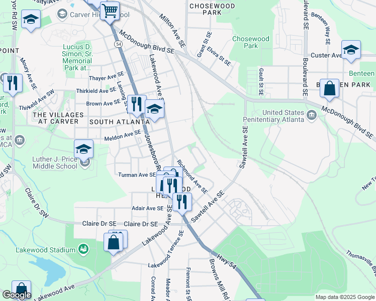 map of restaurants, bars, coffee shops, grocery stores, and more near 1668 Oak Knoll Circle Southeast in Atlanta