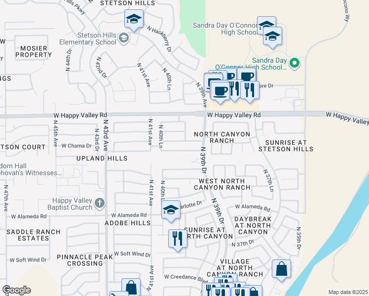 map of restaurants, bars, coffee shops, grocery stores, and more near 4002 West Whispering Wind Drive in Glendale