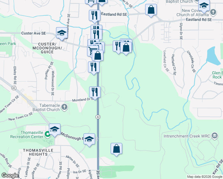 map of restaurants, bars, coffee shops, grocery stores, and more near 1056 Moreland Industrial Boulevard Southeast in Atlanta