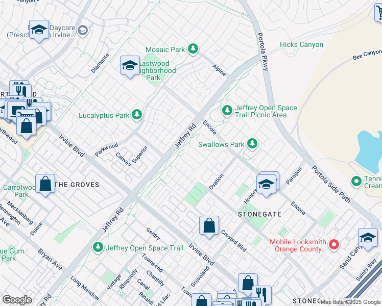 map of restaurants, bars, coffee shops, grocery stores, and more near 57 Elmdale in Irvine