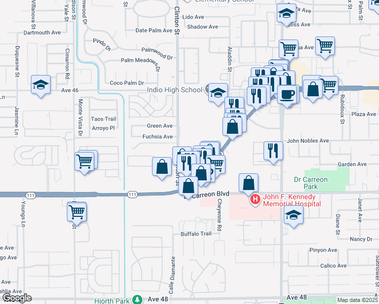 map of restaurants, bars, coffee shops, grocery stores, and more near 1 Desert Villa Street in Indio