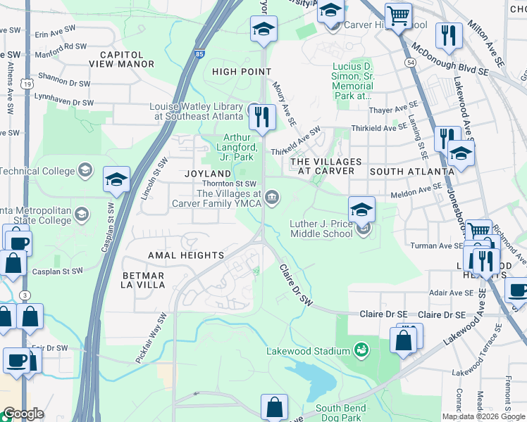 map of restaurants, bars, coffee shops, grocery stores, and more near Pryor Road Southwest in Atlanta