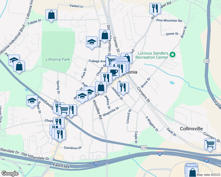 map of restaurants, bars, coffee shops, grocery stores, and more near 6917 Main Street in Lithonia