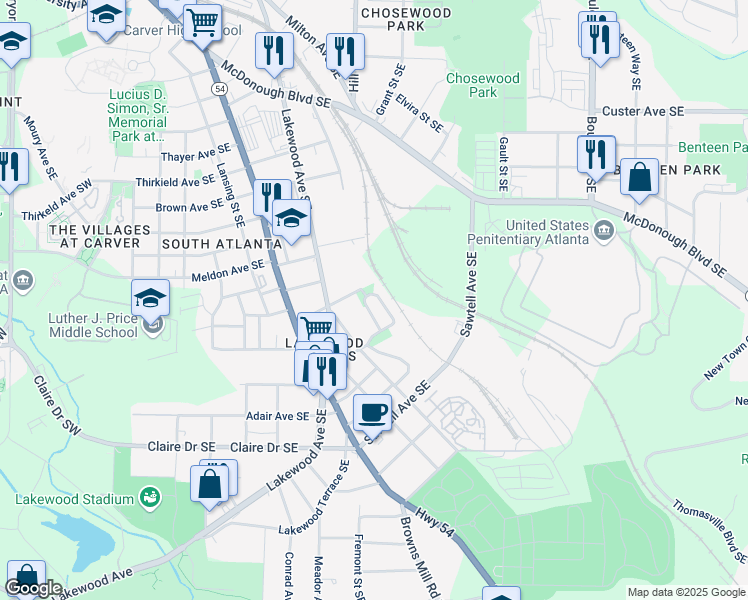 map of restaurants, bars, coffee shops, grocery stores, and more near 1673 Oak Knoll Circle Southeast in Atlanta