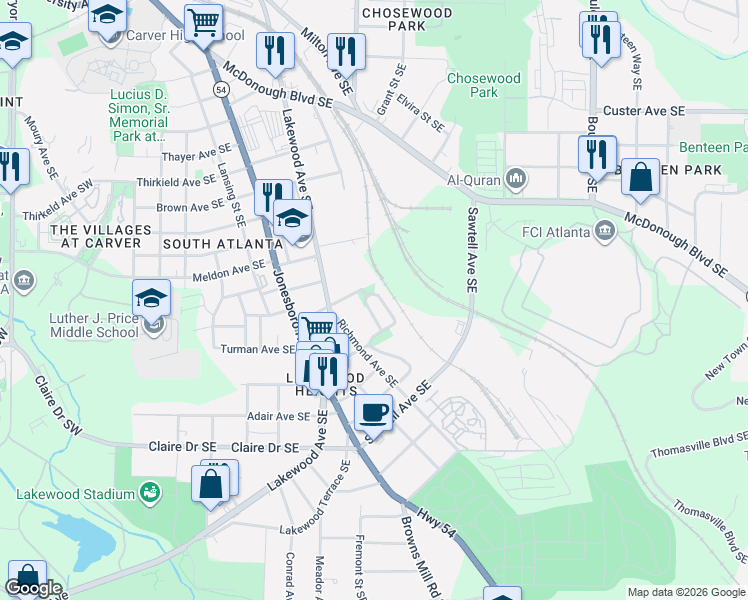 map of restaurants, bars, coffee shops, grocery stores, and more near 1673 Oak Knoll Circle Southeast in Atlanta