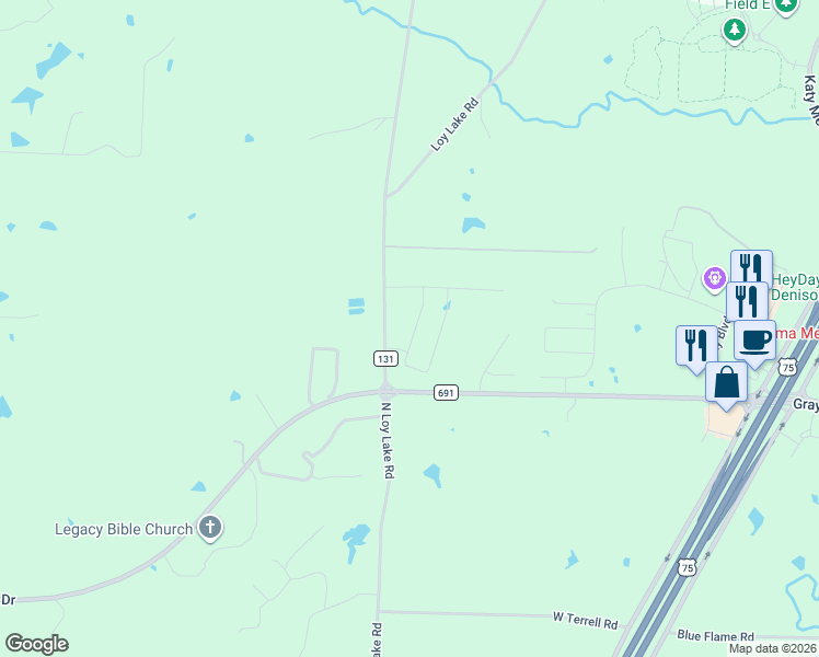 map of restaurants, bars, coffee shops, grocery stores, and more near 112 River Hills Drive in Denison