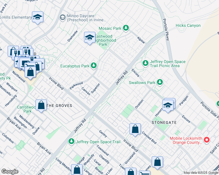 map of restaurants, bars, coffee shops, grocery stores, and more near 59 Decker in Irvine