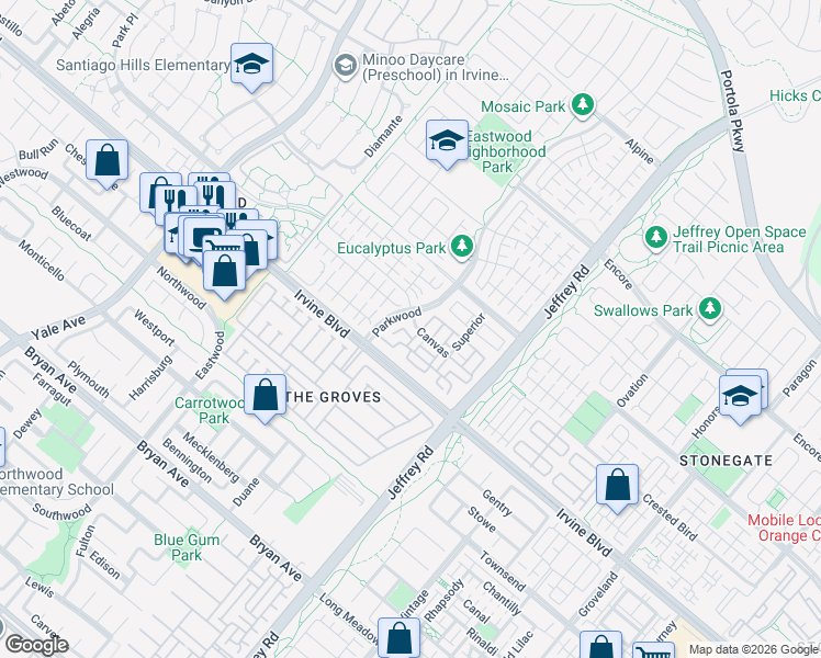map of restaurants, bars, coffee shops, grocery stores, and more near 181 Hargrove in Irvine