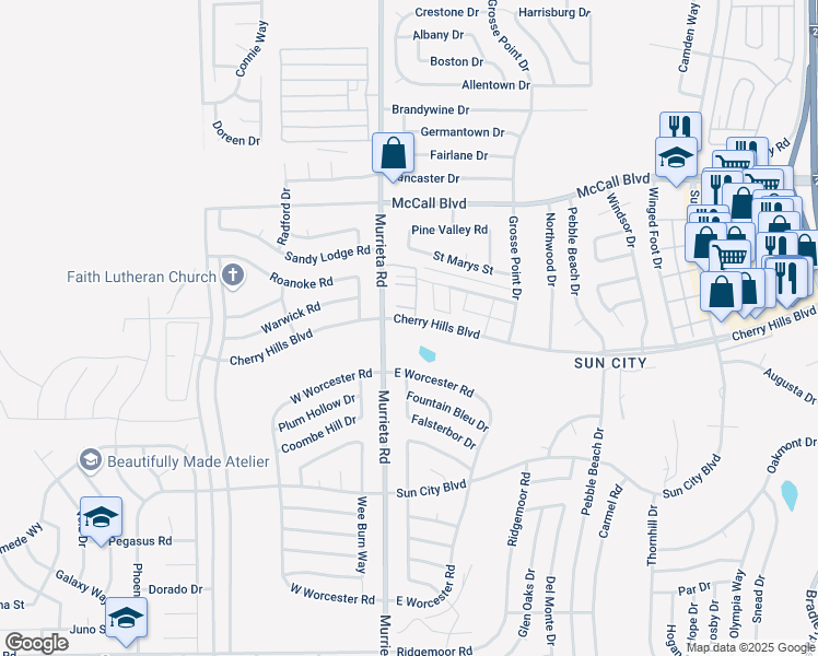 map of restaurants, bars, coffee shops, grocery stores, and more near 26055 Cherry Hills Boulevard in Menifee