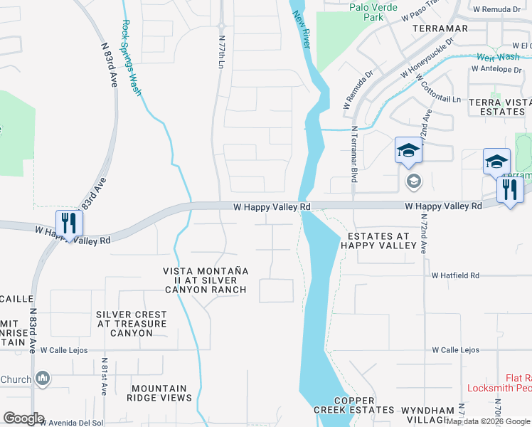 map of restaurants, bars, coffee shops, grocery stores, and more near 7638 West Artemisa Avenue in Peoria