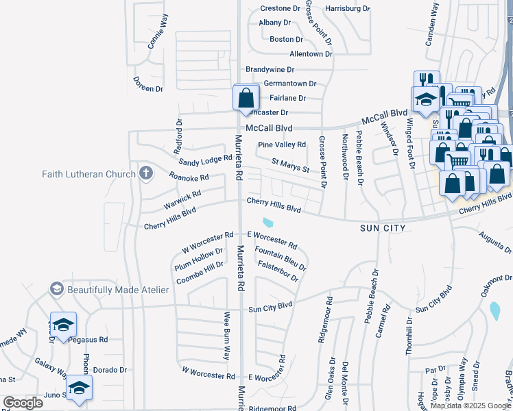 map of restaurants, bars, coffee shops, grocery stores, and more near 26055 Cherry Hills Boulevard in Menifee