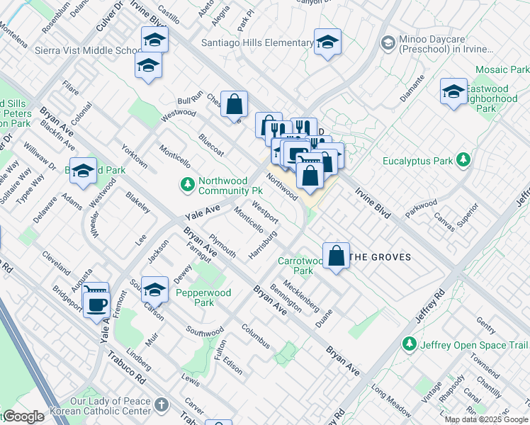 map of restaurants, bars, coffee shops, grocery stores, and more near 35 Westport in Irvine