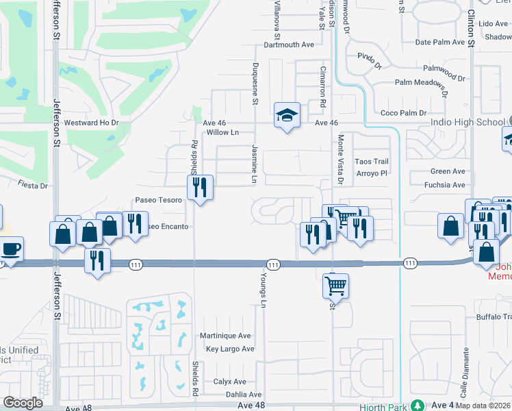 map of restaurants, bars, coffee shops, grocery stores, and more near 80870 California 111 in Indio