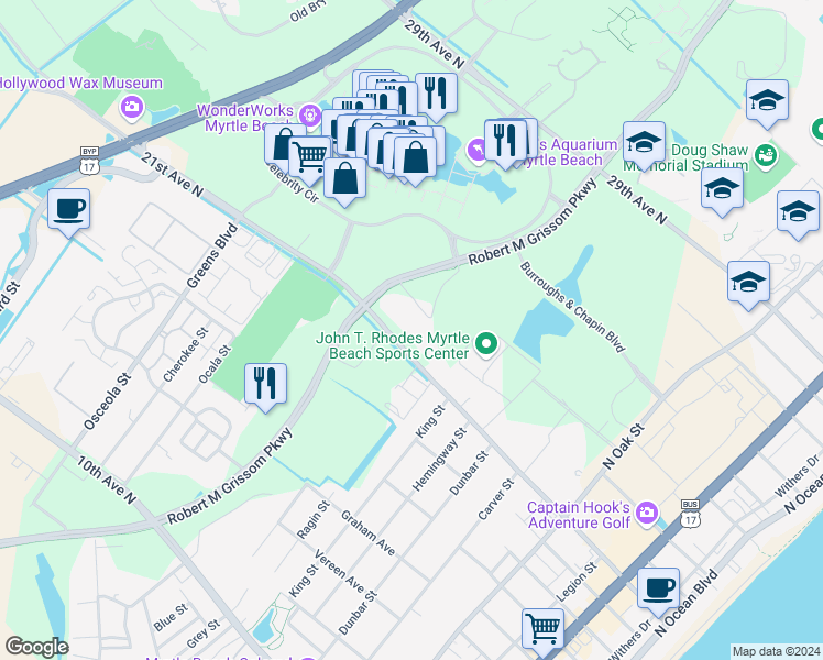 map of restaurants, bars, coffee shops, grocery stores, and more near 1268 21st Ave N in Myrtle Beach