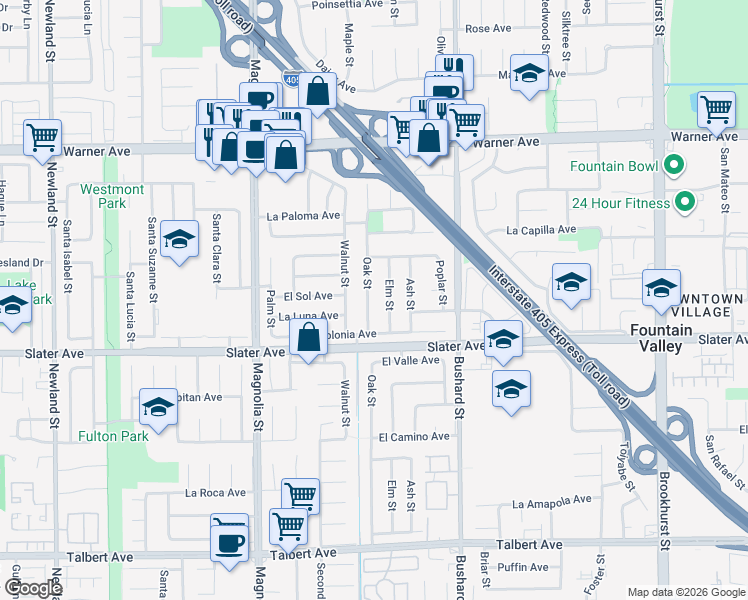 map of restaurants, bars, coffee shops, grocery stores, and more near 17384 Oak Street in Fountain Valley