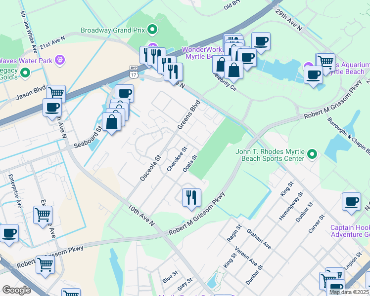 map of restaurants, bars, coffee shops, grocery stores, and more near 25-B North Willow Drive in Myrtle Beach