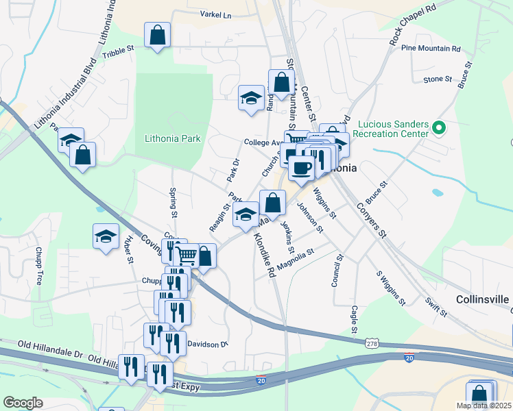 map of restaurants, bars, coffee shops, grocery stores, and more near 6860 Parkway Drive in Lithonia