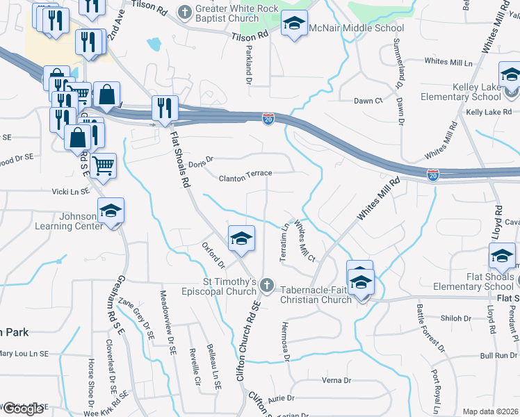 map of restaurants, bars, coffee shops, grocery stores, and more near 2653 Sherlock Drive in Decatur