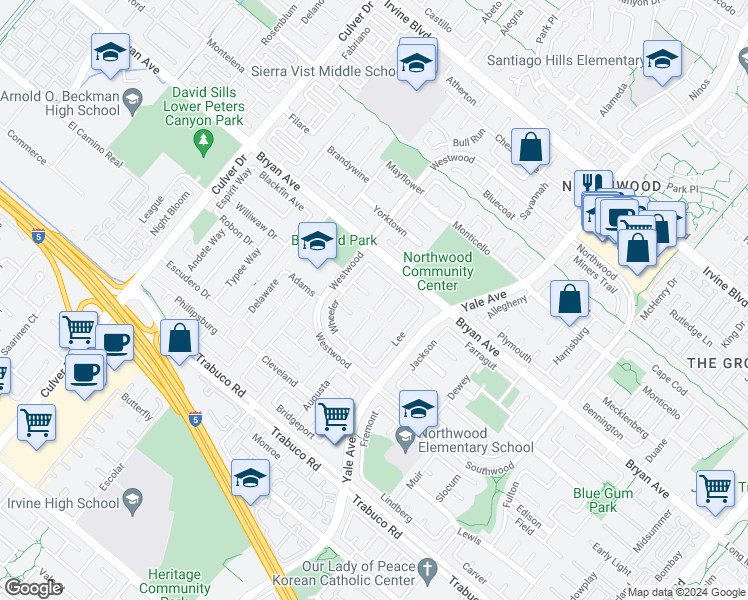 map of restaurants, bars, coffee shops, grocery stores, and more near 12 Wickland in Irvine