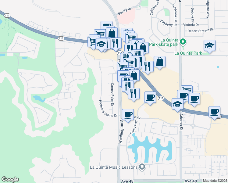 map of restaurants, bars, coffee shops, grocery stores, and more near 46495 Washington Street in La Quinta