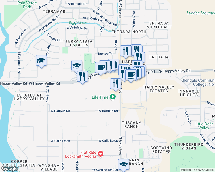 map of restaurants, bars, coffee shops, grocery stores, and more near 24970 North 67th Avenue in Peoria