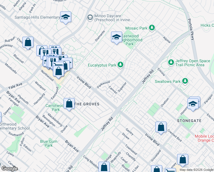 map of restaurants, bars, coffee shops, grocery stores, and more near 181 Hargrove in Irvine