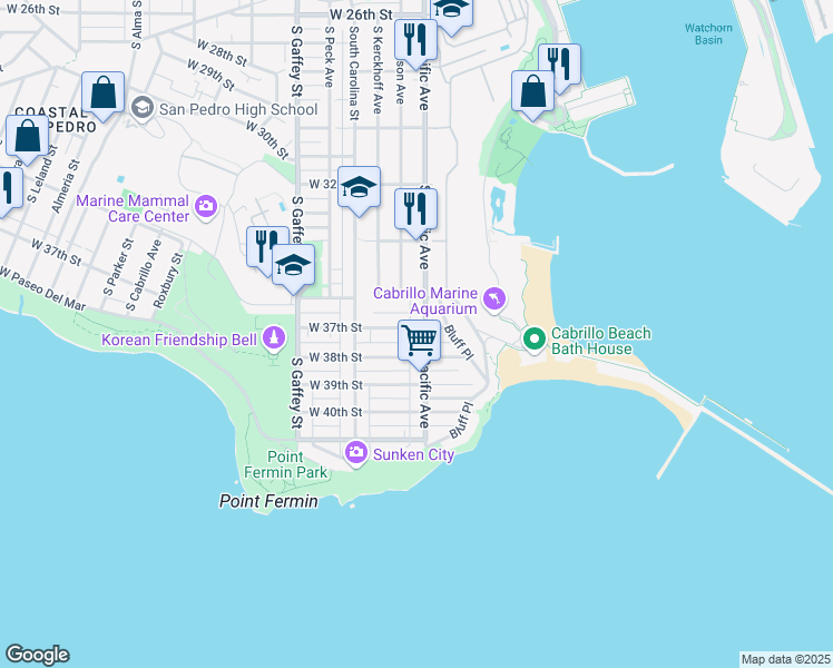 map of restaurants, bars, coffee shops, grocery stores, and more near 3621 South Pacific Avenue in Los Angeles