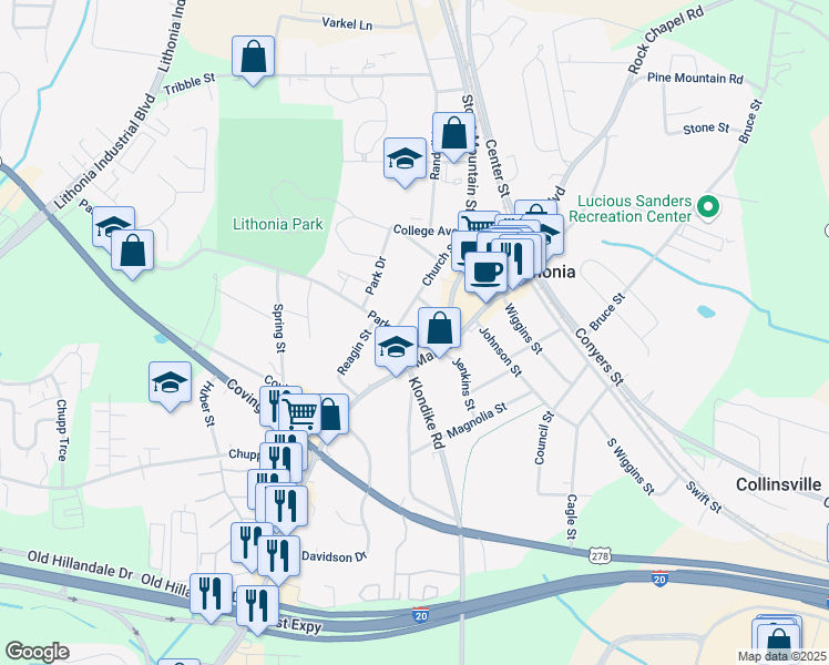 map of restaurants, bars, coffee shops, grocery stores, and more near 6860 Parkway Drive in Lithonia