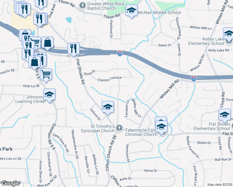 map of restaurants, bars, coffee shops, grocery stores, and more near 2653 Sherlock Drive in Decatur