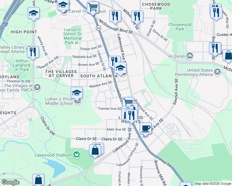 map of restaurants, bars, coffee shops, grocery stores, and more near 14 Meldon Avenue Southeast in Atlanta