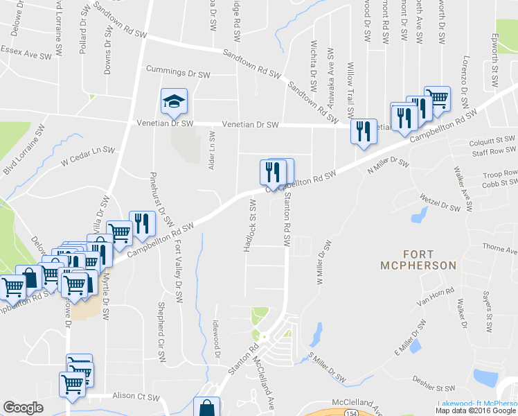 map of restaurants, bars, coffee shops, grocery stores, and more near 1774 Campbellton Road Southwest in Atlanta