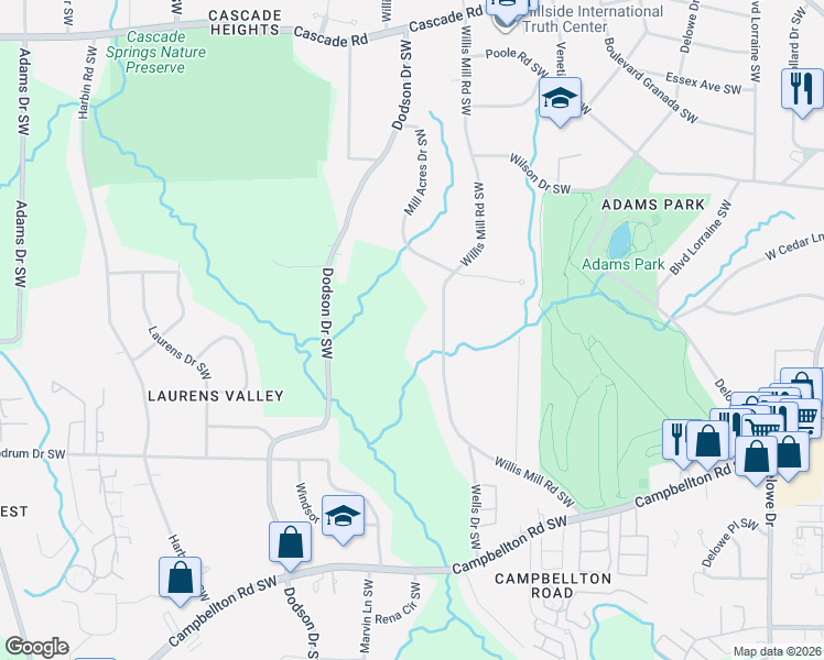 map of restaurants, bars, coffee shops, grocery stores, and more near 1657 Willis Mill Road Southwest in Atlanta