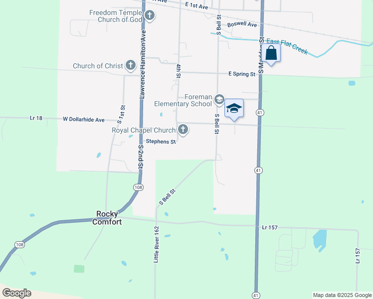 map of restaurants, bars, coffee shops, grocery stores, and more near 421 Rocky Comfort Road in Foreman
