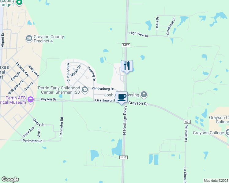 map of restaurants, bars, coffee shops, grocery stores, and more near 130 Knob Hill Loop in Denison