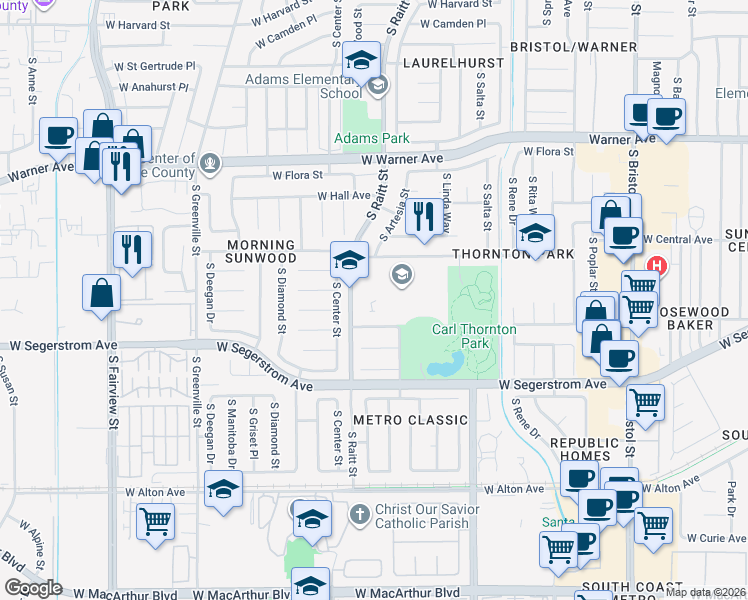 map of restaurants, bars, coffee shops, grocery stores, and more near 2701 South Raitt Street in Santa Ana