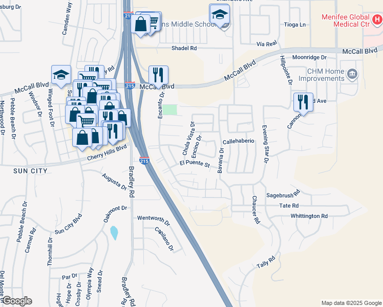 map of restaurants, bars, coffee shops, grocery stores, and more near 28275 Encino Drive in Menifee
