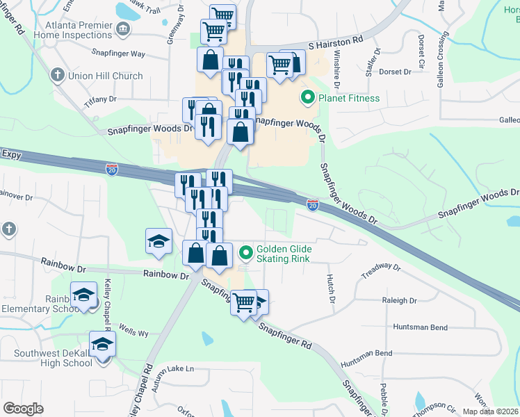 map of restaurants, bars, coffee shops, grocery stores, and more near 2613 Pleasant Wood Drive in Decatur
