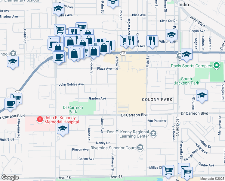 map of restaurants, bars, coffee shops, grocery stores, and more near 46601 Arabia Street in Indio