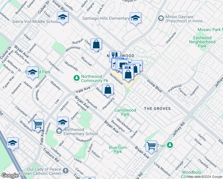 map of restaurants, bars, coffee shops, grocery stores, and more near 21 Westport in Irvine