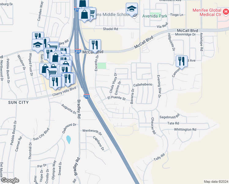 map of restaurants, bars, coffee shops, grocery stores, and more near 28275 Encino Drive in Menifee