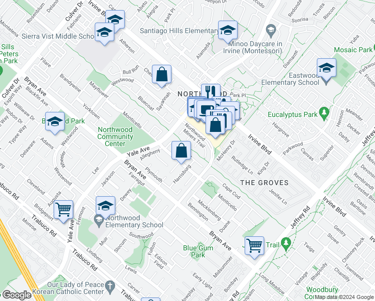 map of restaurants, bars, coffee shops, grocery stores, and more near 21 Westport in Irvine