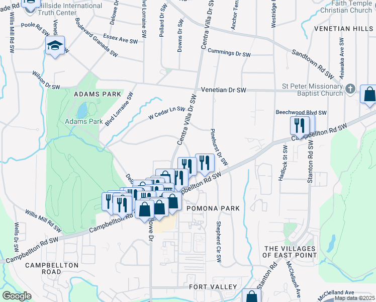 map of restaurants, bars, coffee shops, grocery stores, and more near 2003 Honeysuckle Lane Southwest in Atlanta