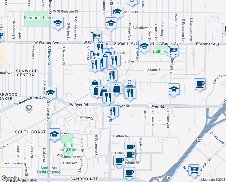 map of restaurants, bars, coffee shops, grocery stores, and more near 2628 Cypress Avenue in Santa Ana