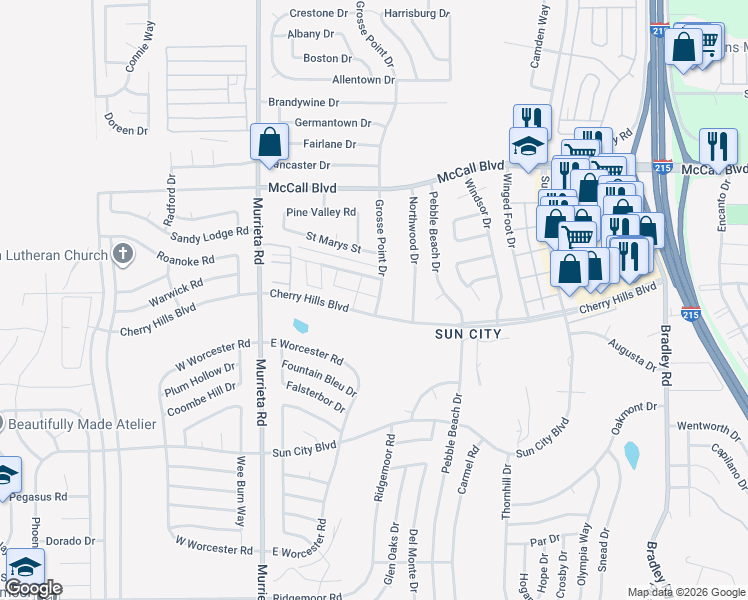 map of restaurants, bars, coffee shops, grocery stores, and more near 26295 Birkdale Road in Menifee