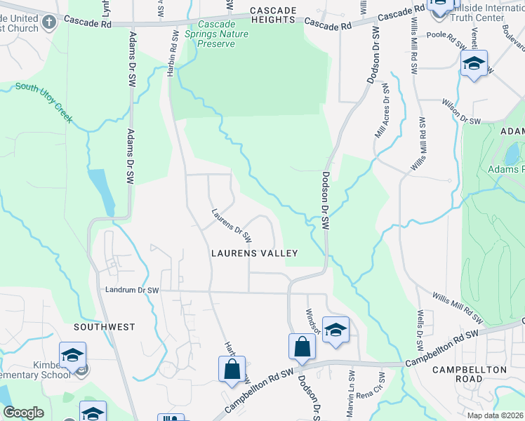 map of restaurants, bars, coffee shops, grocery stores, and more near 2630 Laurens Circle Southwest in Atlanta