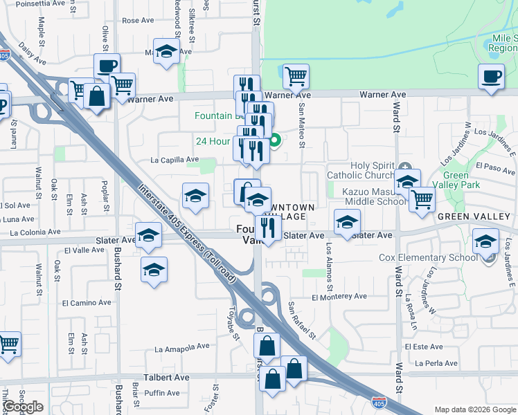 map of restaurants, bars, coffee shops, grocery stores, and more near 17390 Brookhurst Street in Fountain Valley