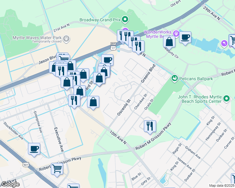 map of restaurants, bars, coffee shops, grocery stores, and more near 1511 Coastal Lane in Myrtle Beach
