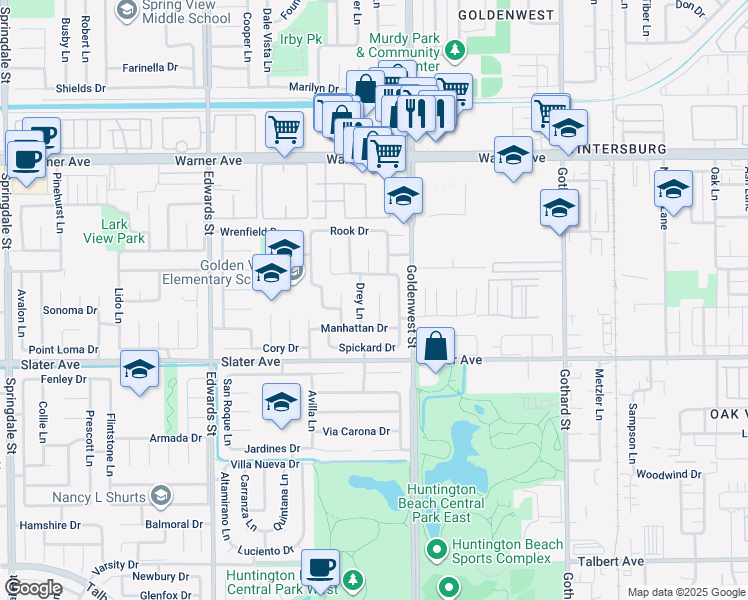 map of restaurants, bars, coffee shops, grocery stores, and more near 17341 Gibson Circle in Huntington Beach